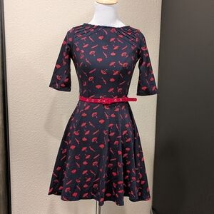 Unique Vintage Navy Umbrella Print Fit & Flare Belted Dress XS / 2